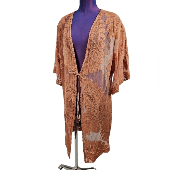Style Apparel Sheer Lace Kimono Burnt Orange Bell‎ Sleeve Swim Cover-Up Small - Picture 10 of 10